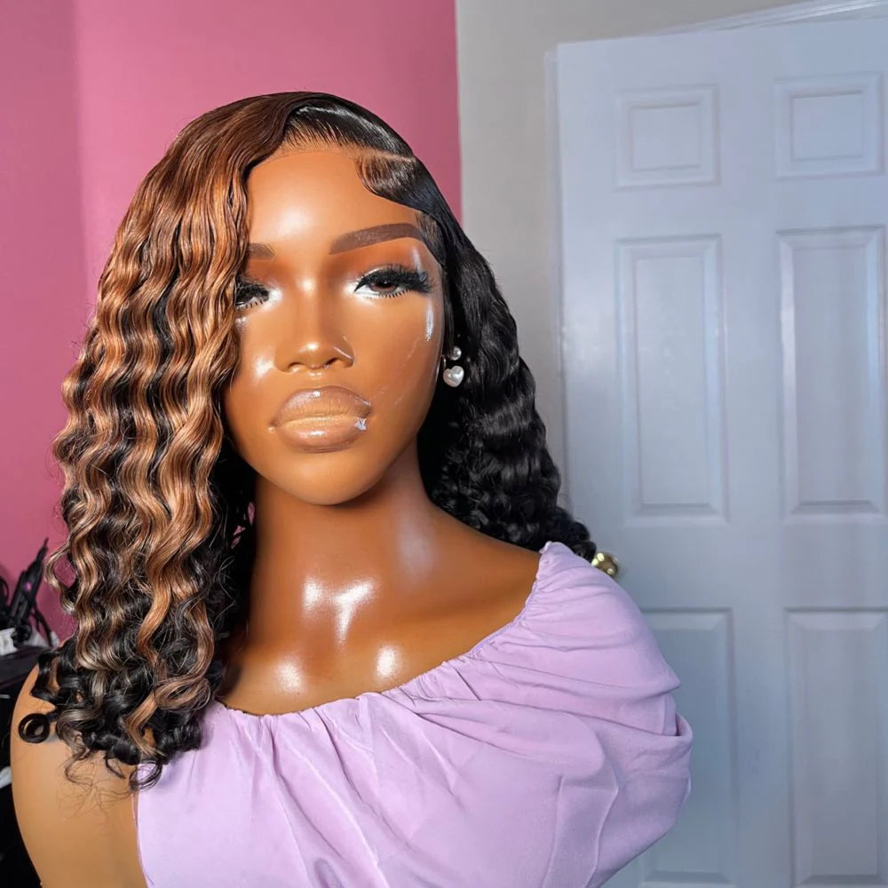 Side Part Curly Brown Color and Blonde Top Side Wig
