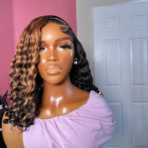 Side Part Curly Brown Color and Blonde Top Side Wig