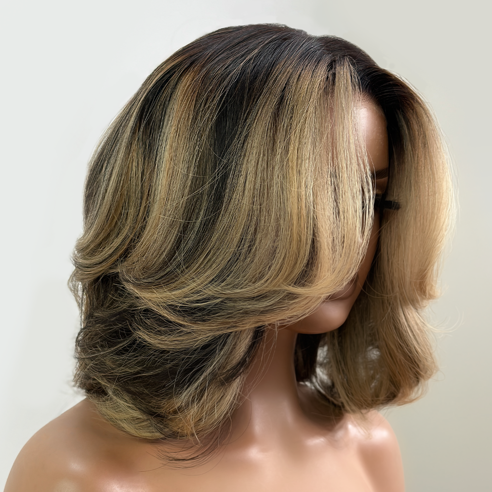 
            
                Load image into Gallery viewer, Blonde Highlight Layered Cut Bob 5x5 Lace Closure Wig
            
        