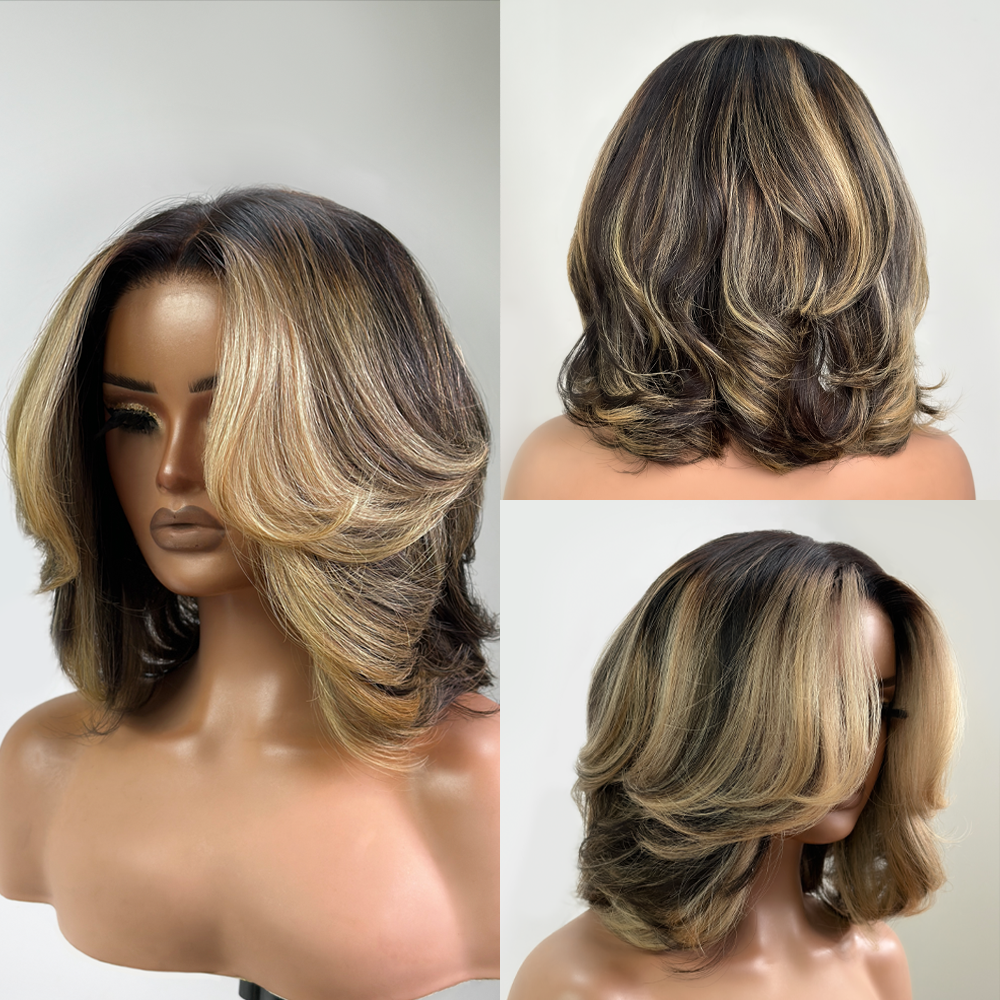 
            
                Load image into Gallery viewer, Blonde Highlight Layered Cut Bob 5x5 Lace Closure Wig
            
        