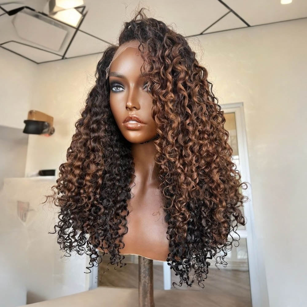 
            
                Load image into Gallery viewer, Designer Medium Brown Curly with Curly Edges 13x4 Lace Front Wig
            
        
