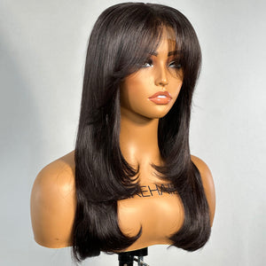 
            
                Load image into Gallery viewer, Inspired Layers With Curtain Bang Wavy Human Hair 5x5 Lace Closure Wig
            
        