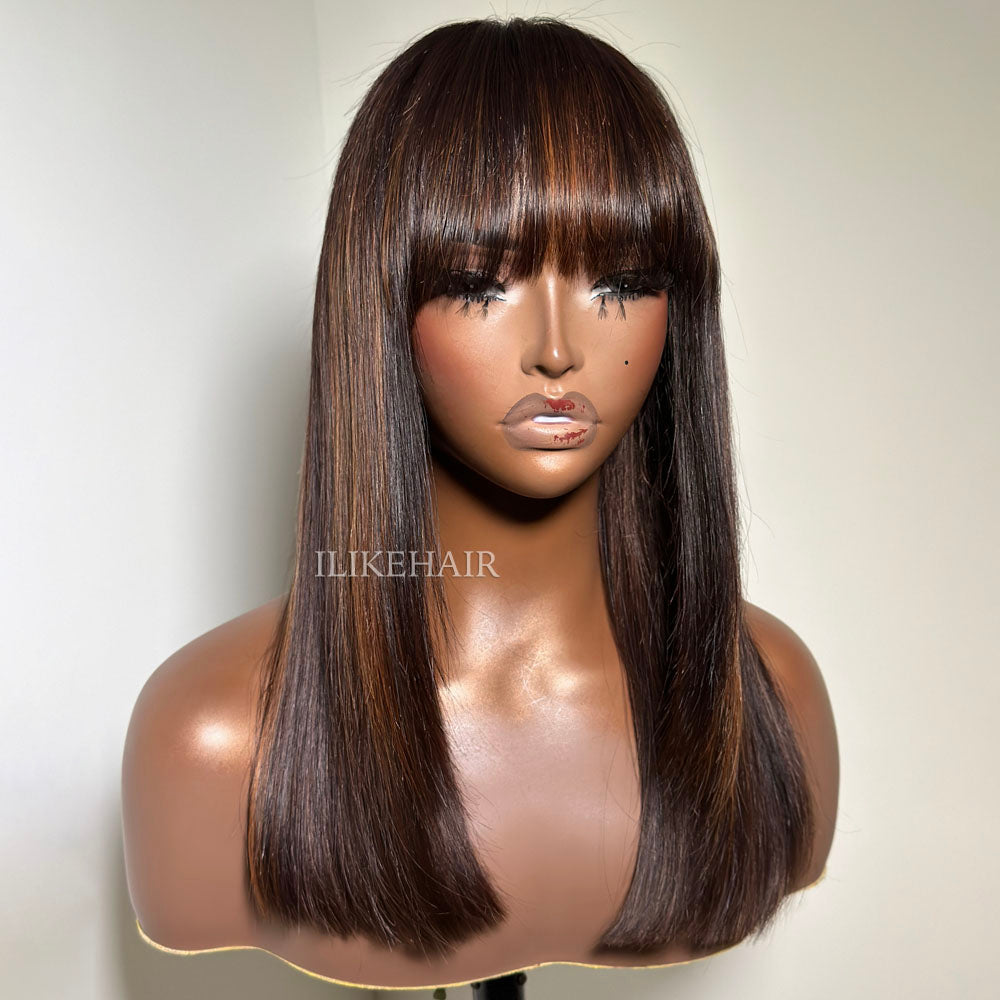 Glueless Highlight Layered Cut Straight 5x5 Lace Closure Wig With Bangs