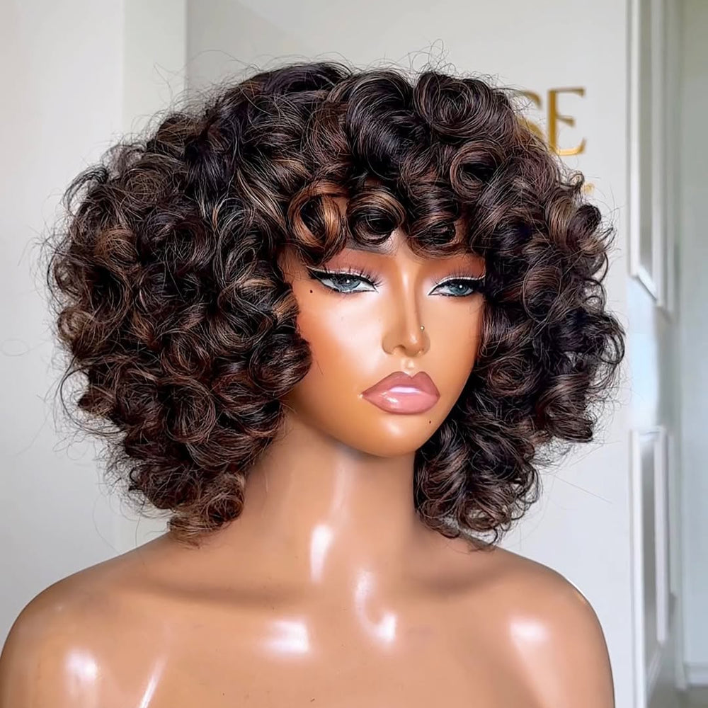 Brown Highlights Glueless Voluminous Curly bob Wig With Bangs