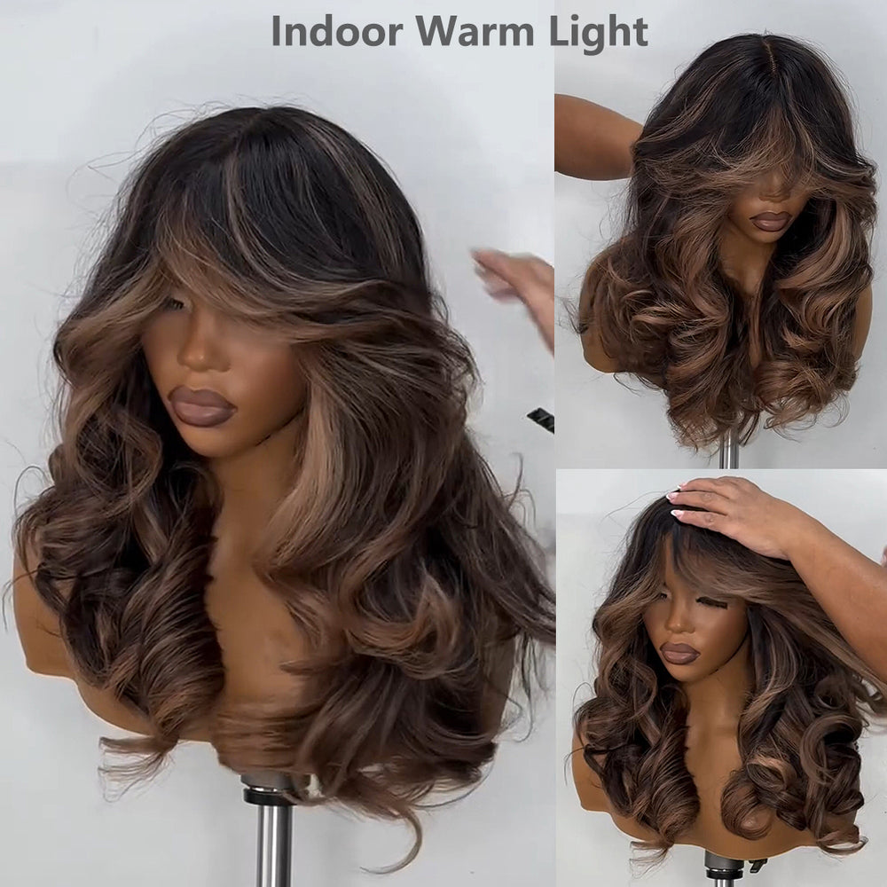 Middle Part Ash Brown Highlight Wavy Glueless 5x5 Lace Closure Wig