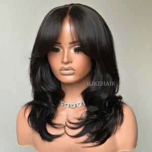 Elegant Put on & Go Layered Wavy Curtain Bangs 4x4 Lace Closure Wig