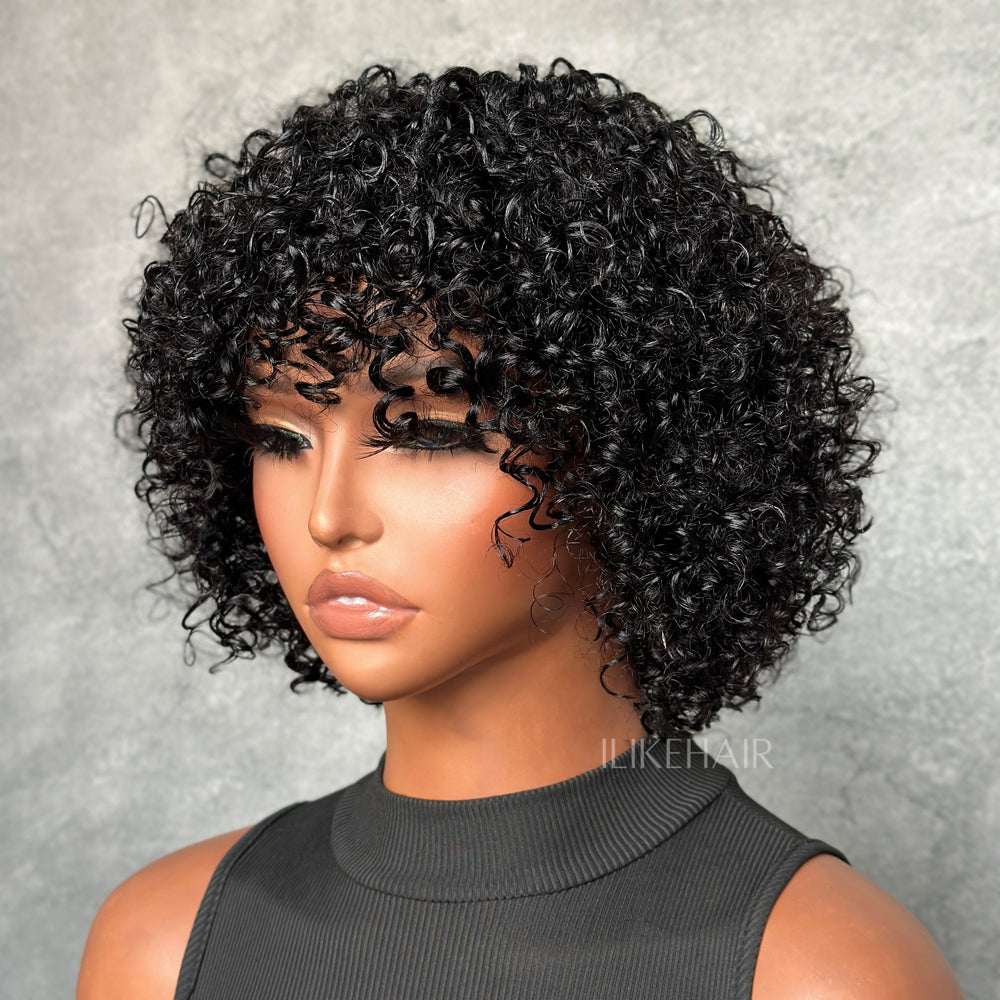 Put On & Go Kinky Curly Bob Human Hair Wig With Bangs