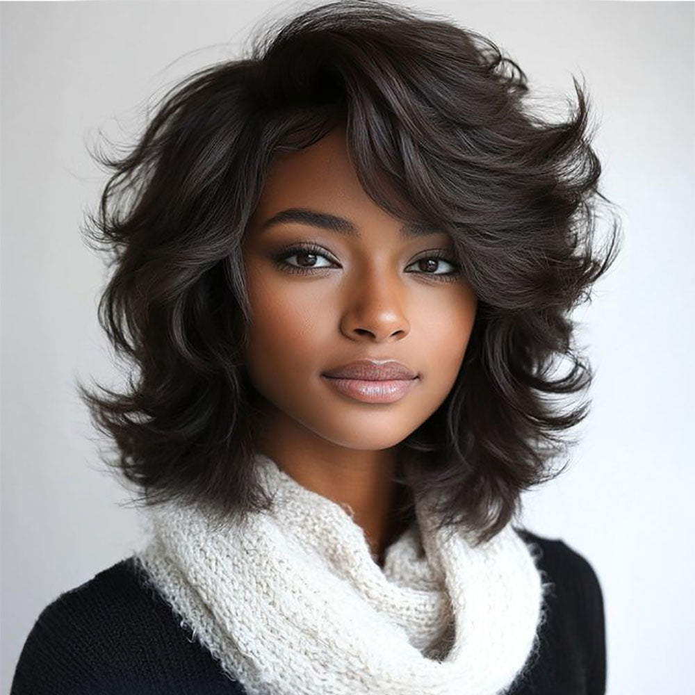 Natural Black Handcraft Layered Cut Wavy Bob 13x4 Lace Front Wig