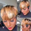 Short Honey Blonde Brown Highlight Bangs Wig Remy Hair