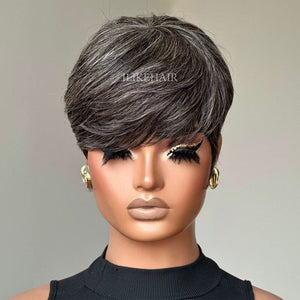 Designer Salt and Pepper Pixie Cuts Glueless Human Hair Wig