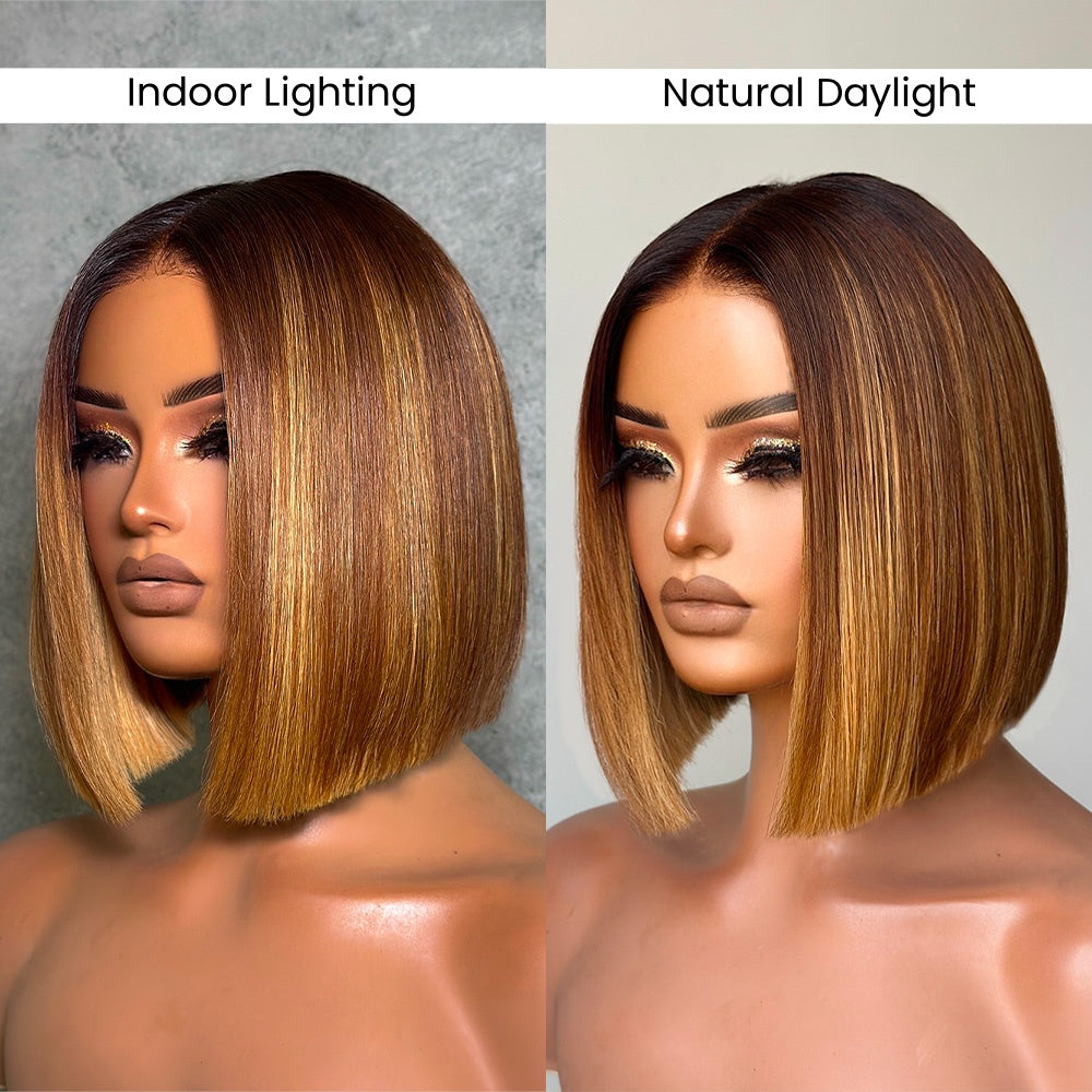 
            
                Load image into Gallery viewer, Ombre Brown With Honey Blonde Highlights Adjustable Cap Virgin Hair Bob HD Lace Wig
            
        
