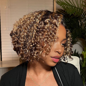 
            
                Load image into Gallery viewer, Golden Blonde Higlight Curly BOB 13x4 Lace Front Wig
            
        