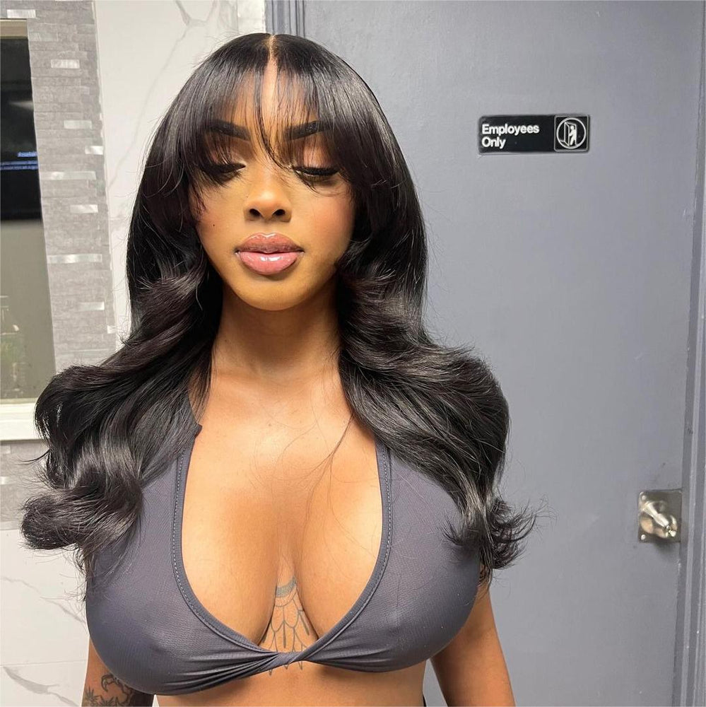 
            
                Load image into Gallery viewer, Long Body Wave With Wispy Bang Lace Closure Human Hair Wig
            
        