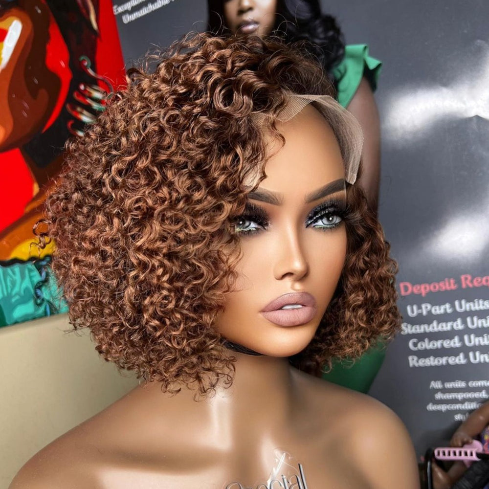 Brown Short Curly Human Hair Glueless 13x4 Lace Front Bob Wig