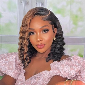 Side Part Ombre Brown Highlight Deep Wave 5x5 Lace Closure Wig