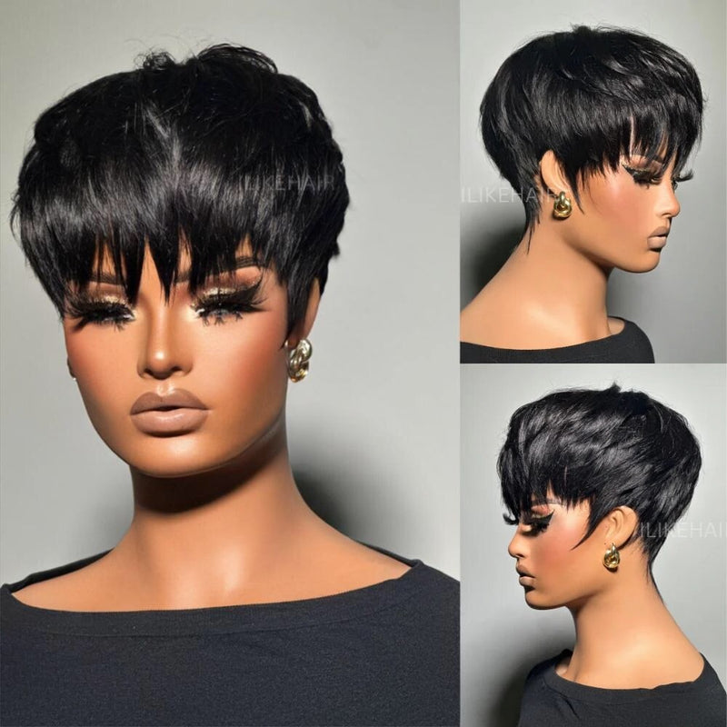 100% Human Hair Short Pixie Cut Wig Glueless Easy Wear Put On and Go Glueless Put on & Go Short Pixie Cut Curly Wigs Pre Cut Lace  main image 4