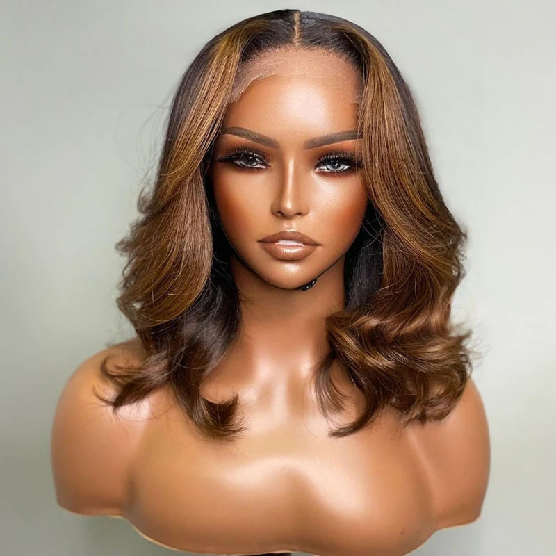 Shoulder Length Middle Part Layered Wavy Curtain Bangs Copper Brown Highlights Lace Front Wigs