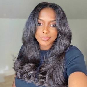 
            
                Load image into Gallery viewer, Designer Layered Curtain Bangs Yaki Wavy Lace Closure Wig
            
        