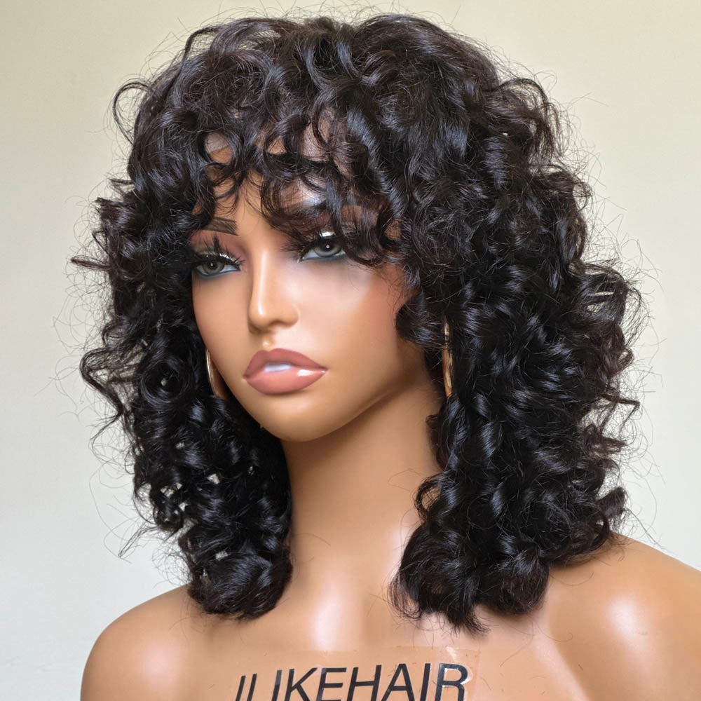 Short Loose Bouncy Curly Human Hair With Bangs Glueless Wig