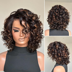 Glueless Short Bob Bouncy Loose Curly Blonde Highlight Lace Front Wig