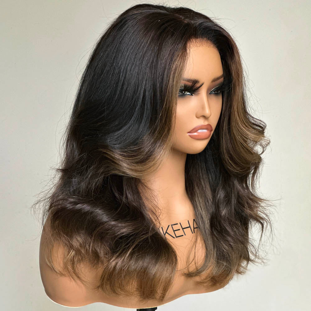 Middle Part Ash Brown Highlight Wavy Glueless 5x5 Lace Closure Wig