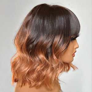 
            
                Load image into Gallery viewer, Ombre Brown Shoulder Length Wavy Bob 5x5 Lace Closure Wig With Bang
            
        
