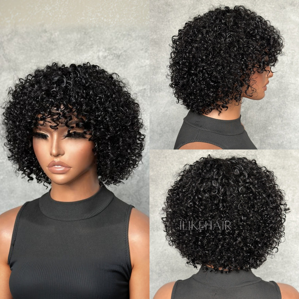 Put On & Go Kinky Curly Bob Human Hair Wig With Bangs