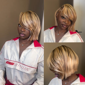 613 Blonde Highlight With Brown Bob 13×4 Lace Frontal Wig with Swoop Bang
