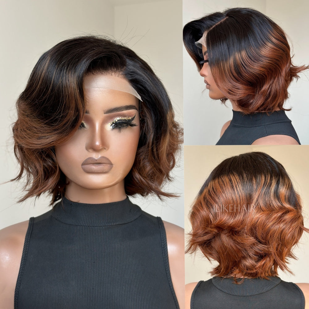 Side Part Ombre Brown Highlight Layered Fluffy Bob Lace Closure Wig