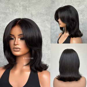 Face-Framing Sleek Swoop Bangs Layered Bob 5x5 Lace Human Hair Wig