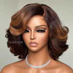 Fall Vibe Brown Highlight Short Layered Wavy Lace Closure Wig