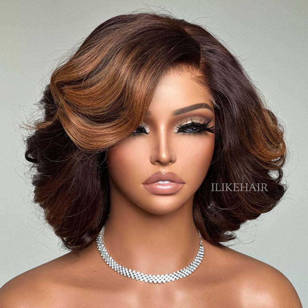 Fall Vibe Brown Highlight Short Layered Wavy Lace Closure Wig