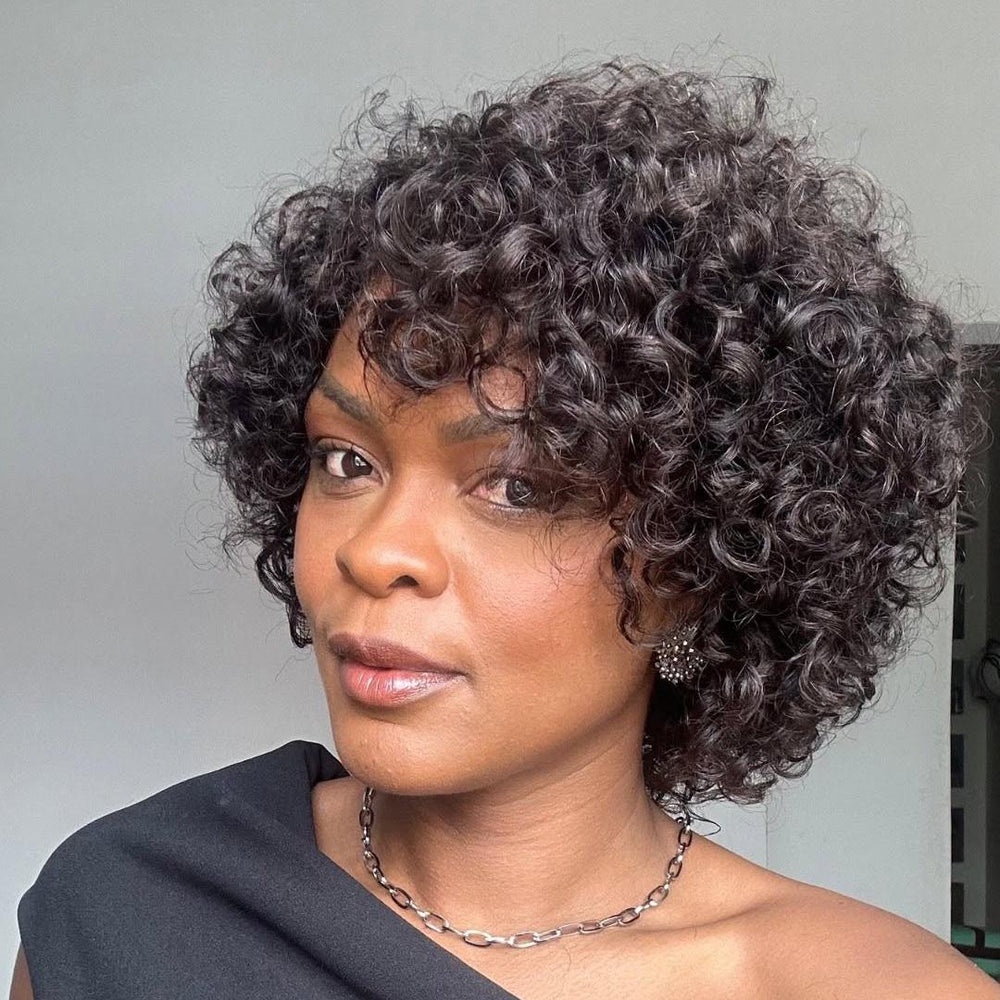 Voluminous Curly Human Hair Wig With Bangs