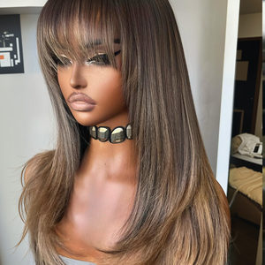 Brown Mix Blonde Highlight With Bang HD Lace Human Hair Wig