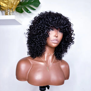 Put On & Go Kinky Curly Bob Natural Black Human Hair Wig With Bangs