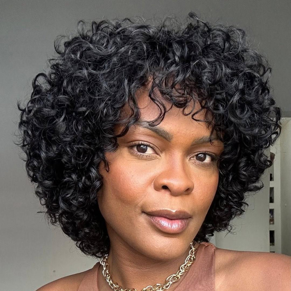Put on & Go Short Pixie Cut Curly Bob Wig 100% Human Hair