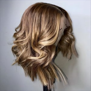 Ombre Blonde Highlight Brown Layered Cut Wavy Bob 5x5 Lace Wig