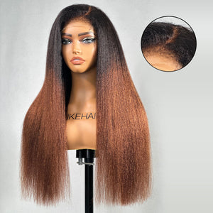 
            
                Load image into Gallery viewer, Ombre Brown Kinky Straight 4C Kinky Edge 5x5 HD Lace Closure Wig
            
        