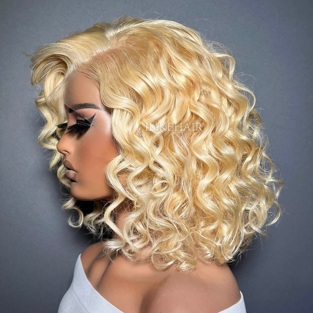 Stylish #613 Blonde Short Bouncy Curly 13x4 Lace Front Wig