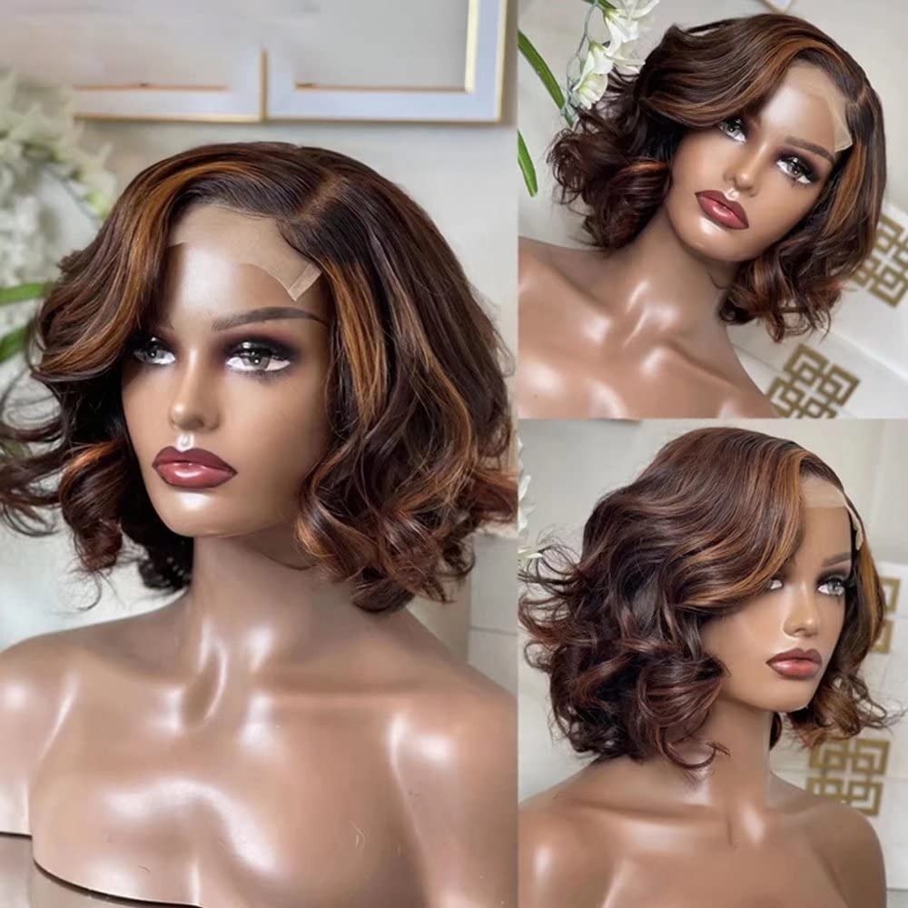 P1B/30 Highlight Short Bob Wavy Lace Human Hair Wig