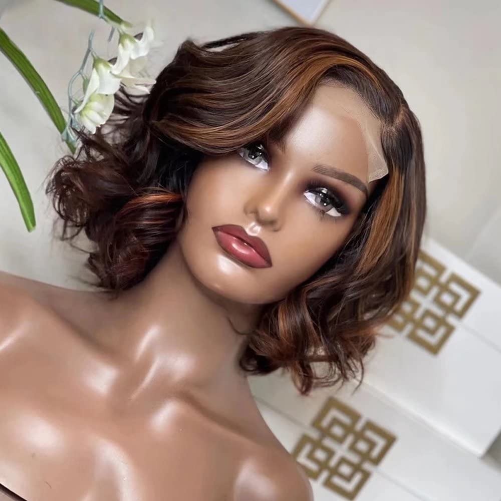 P1B/30 Highlight Short Bob Wavy Lace Human Hair Wig