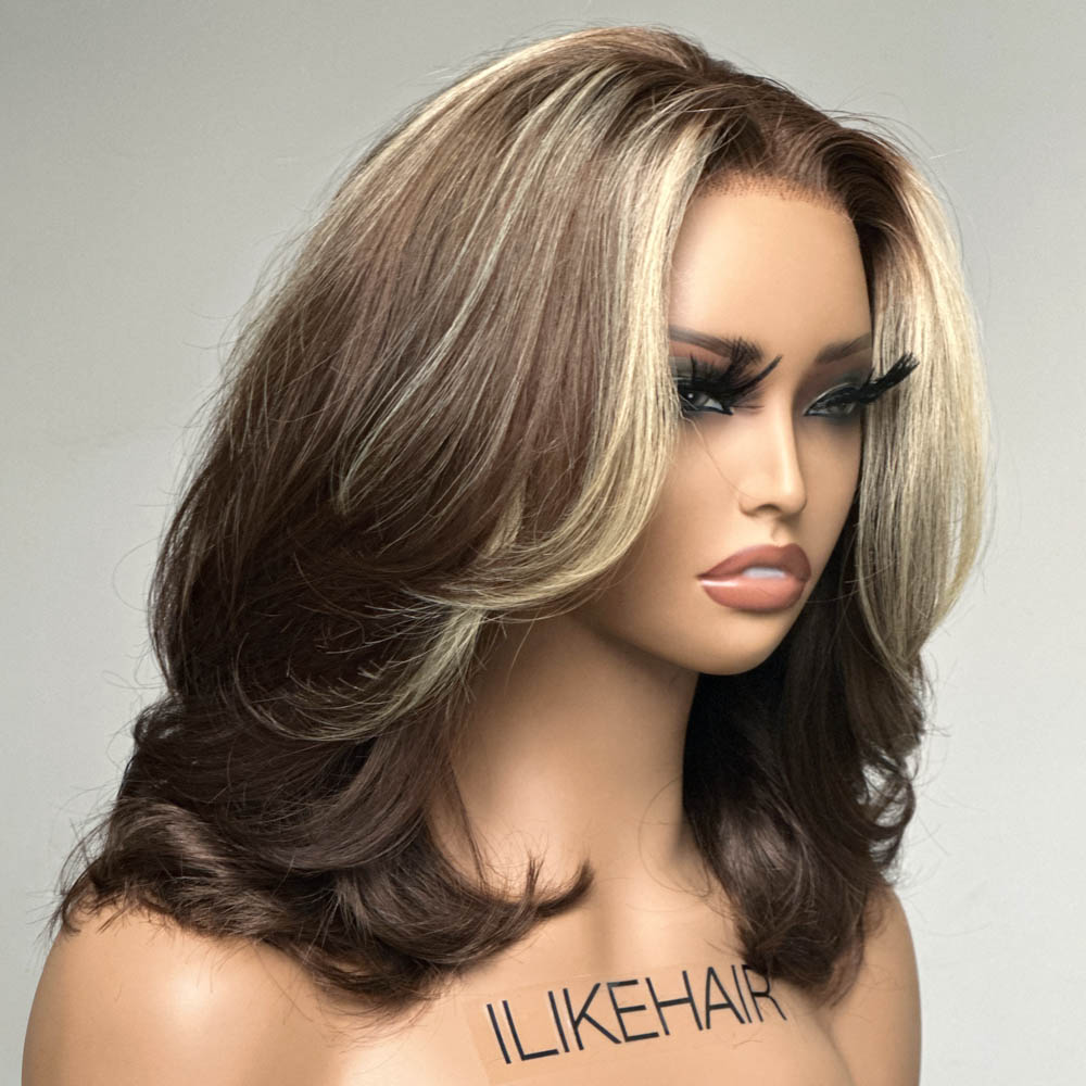 
            
                Load image into Gallery viewer, Short Chocolate Brown With Blonde Highlights Layered Cut 13x4 Lace Front Wig
            
        