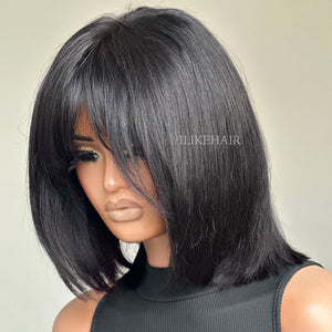 Glueless Bob Wig With Bangs 100% Human Hair For Beginner