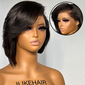
            
                Load image into Gallery viewer, Glueless Yaki Straight Bob Kinky Edges 13x4 Frontal Wig With Side Layered Bangs
            
        