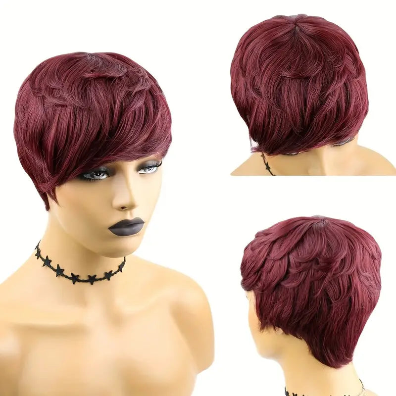 Short Wigs Layered Pixie Cut Human Hair with Bangs Brown Bob Wigs