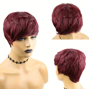 Short Wigs Layered Pixie Cut Human Hair with Bangs Brown Bob Wigs