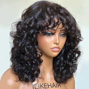 Short Loose Bouncy Curly Human Hair With Bangs Glueless Wig