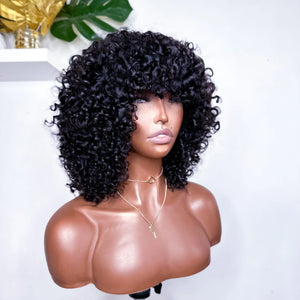 Put On & Go Kinky Curly Bob Natural Black Human Hair Wig With Bangs