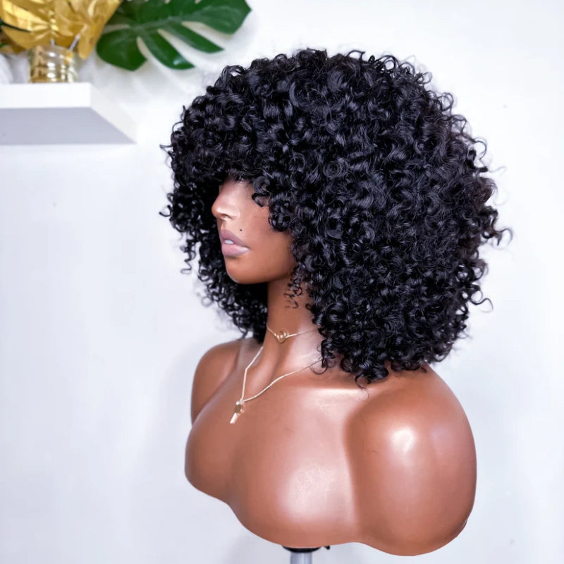 Put On & Go Kinky Curly Bob Natural Black Human Hair Wig With Bangs