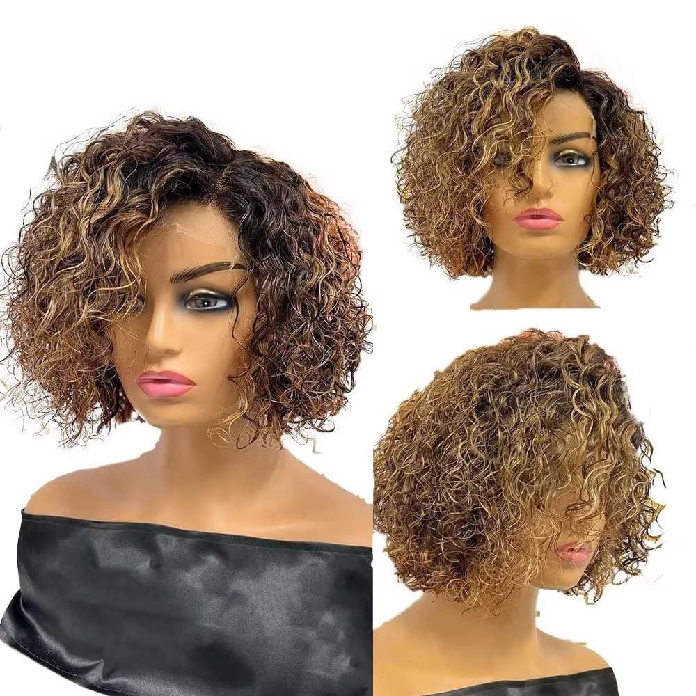 Short Curly Bob Wig Honey Blonde Ombre Lace Front Wig Human Hair